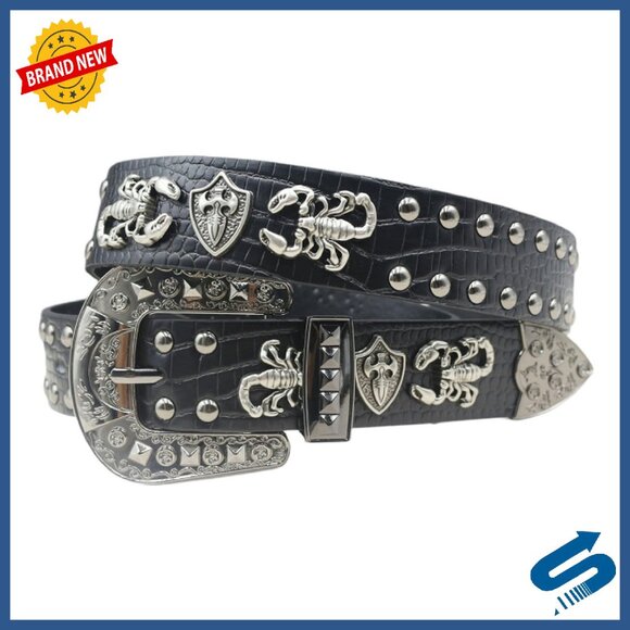 Western Studded Faux Leather Belt Punk Rock Style Unisex 3.8cm Width